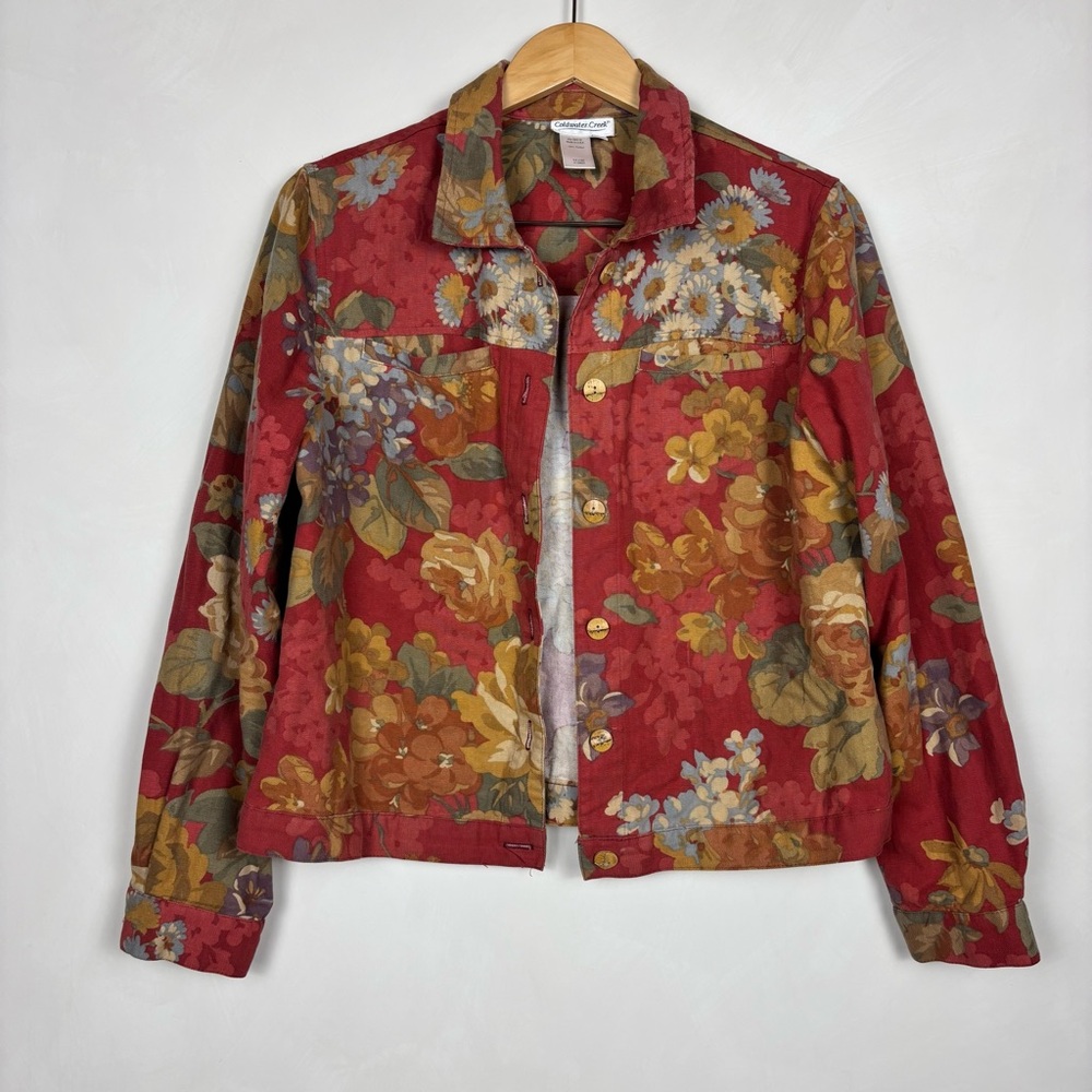 Coldwater Creek Women’s Red Floral Denim Jacket Button Front M Cottagecore